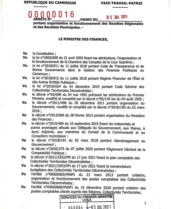 Arrêté portant organisation et fonctionnement des Recettes Régionales et des Recettes Municipales