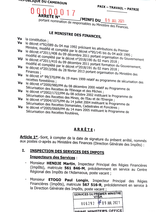 ARRETE PORTANT NOMINATION DE RESPONSABLES A LA DIRECTION GENERALE DES IMPOTS
