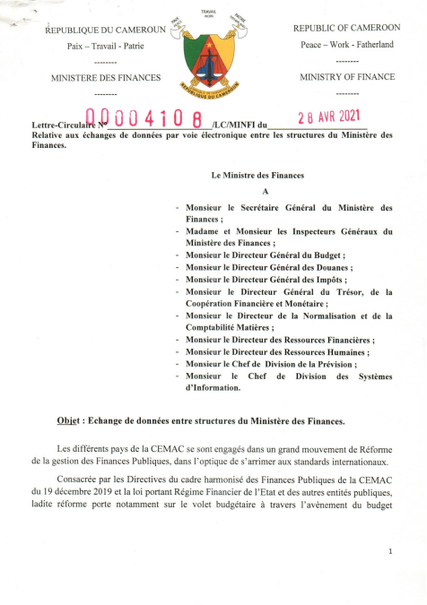 Lettre-Circulaire relative aux échanges de données par voie électronique entre les structures du Ministère des Finances