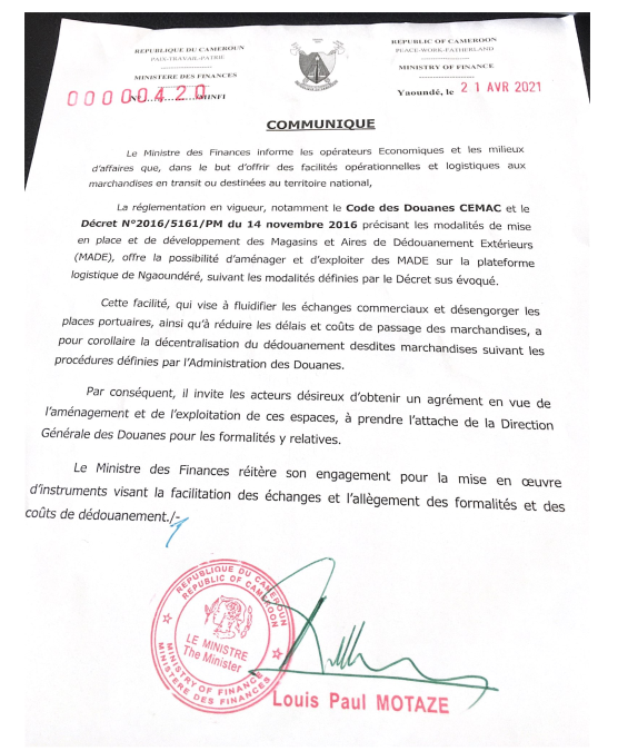 Communiqué du MINFI offrant aux opérateurs économiques la possibilité d’aménager et d’exploiter des MADE