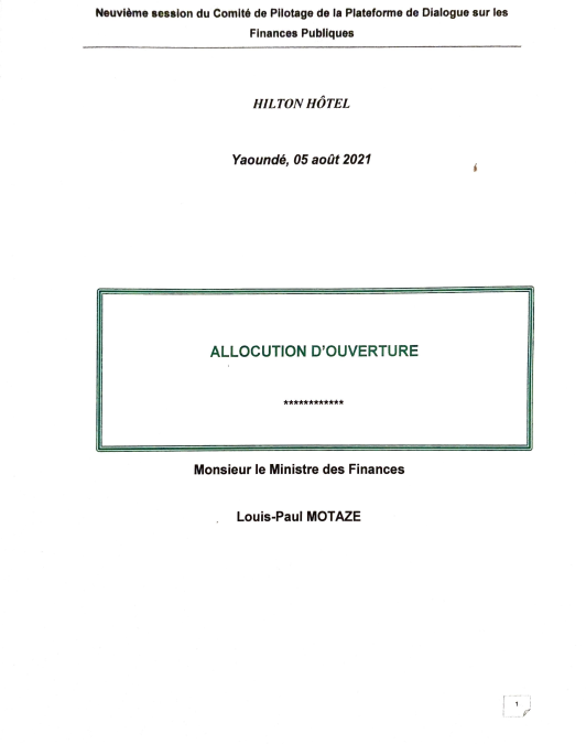 PLATEFORME DE DIALOGUE SUR LES FINANCES PUBLIQUES: ALLOCUTION DU MINISTRE DES FINANCES