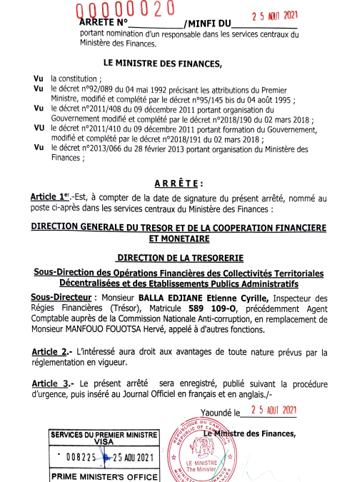 Arrêté de nomination à la DGTCFM du 25 août 2021