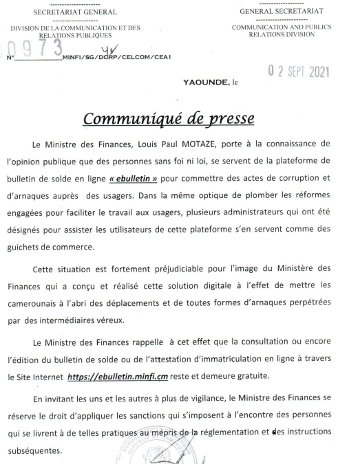 Communiqué de presse relatif à la plateforme de bulletin de solde en ligne