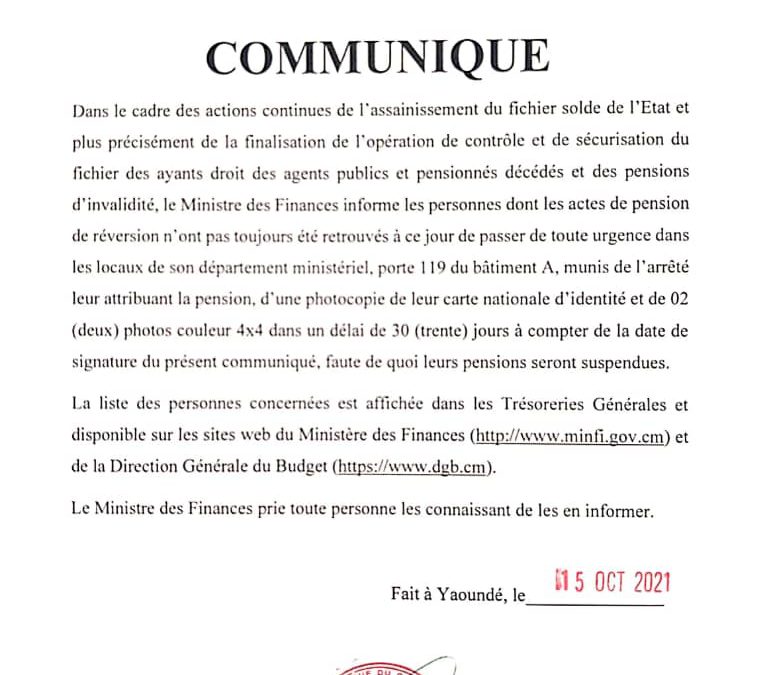 COMMUNIQUE: LISTE DES PERSONNES APPELEES A DEPOSER LEUR ACTE DE PENSION DE REVERSION