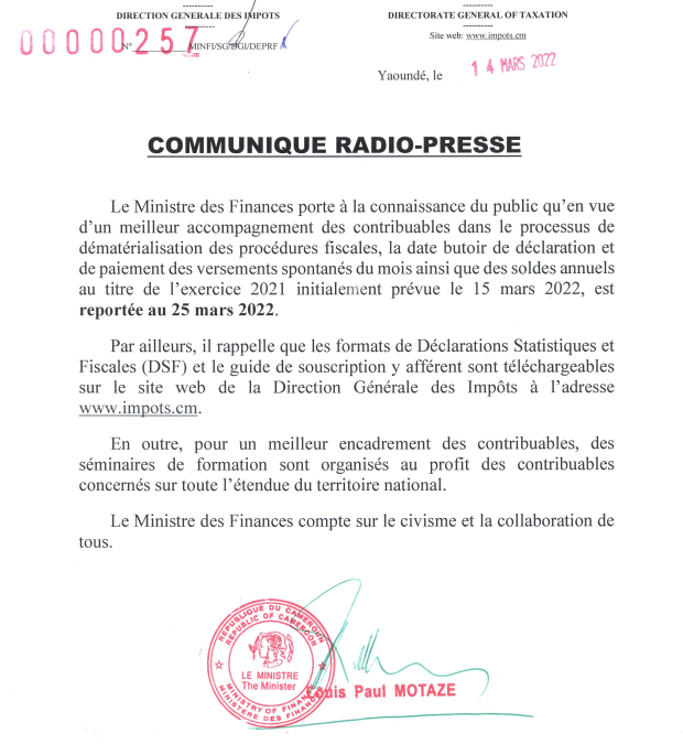 COMMUNIQUE DEMATERIALISATION DES PROCEDURES FISCALES