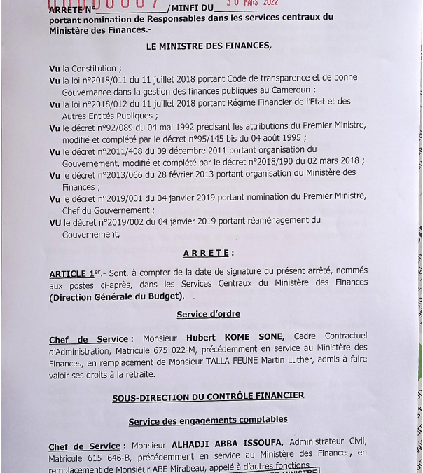 Nomination de Responsables dans les services centraux et déconcentrés du Ministère des Finances (DGB)