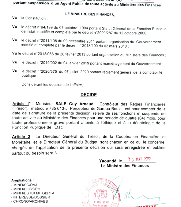 Décision portant suspension d’un agent public de toute activité au Ministère des Finances