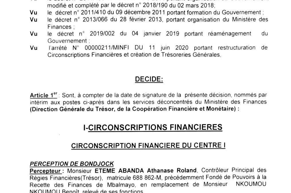 Décision portant nomination de responsables à titre intérimaire au Ministère des Finances.