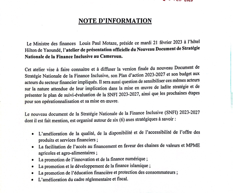 Note d’information relative à l’atelier de présentation du nouveau  document  de stratégie nationale de la Finance Inclusive
