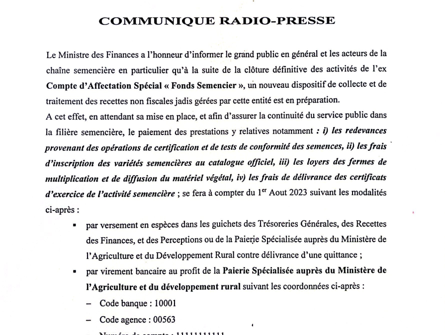 Communiqué de presse relatif à l’ex Compte d’Affectation Spécial « Fonds Semencier »