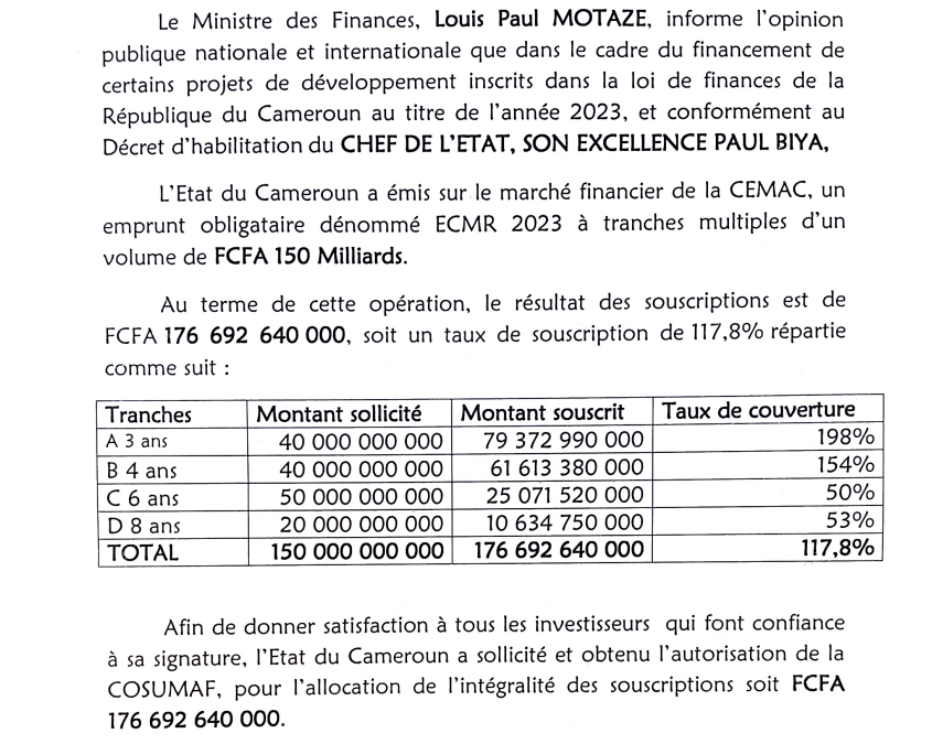 Communiqué de presse relatif à l’emprunt obligataire ECMR 2023