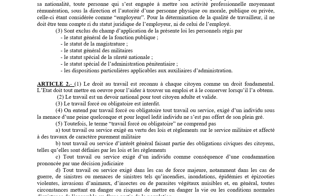 Loi N° 092/007 régissant les rapports de travail entre les travailleurs et les employeurs