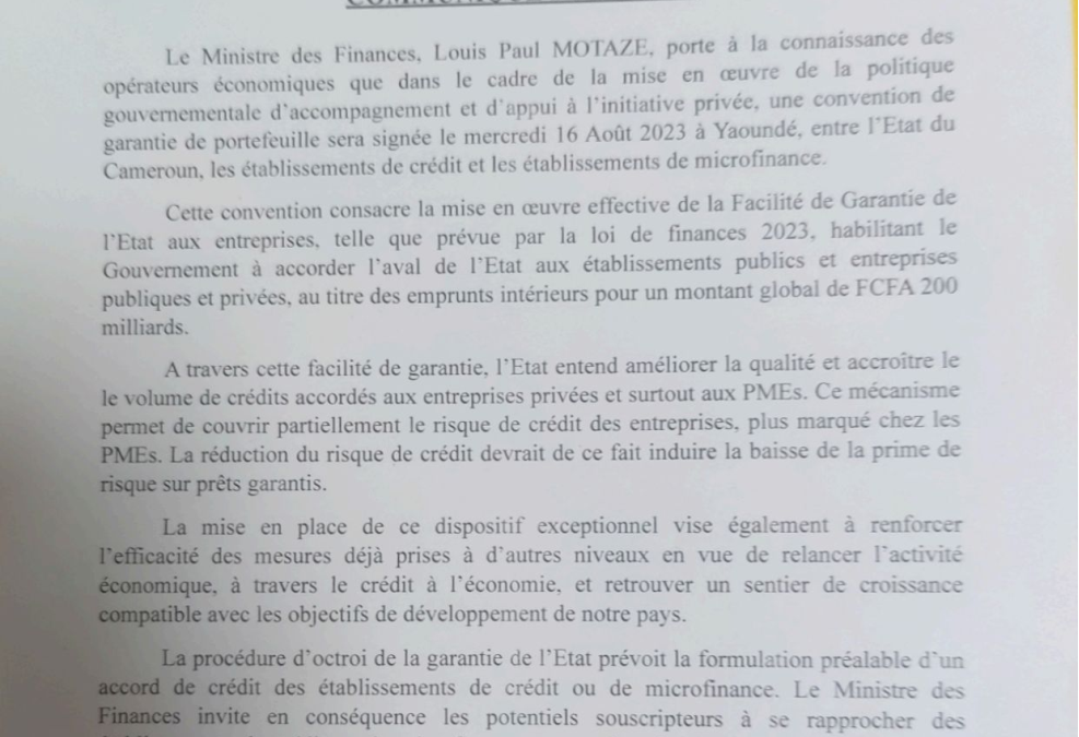Communiqué de presse du 11 août 2023 relatif à la signature de garantie de l’Etat camerounais