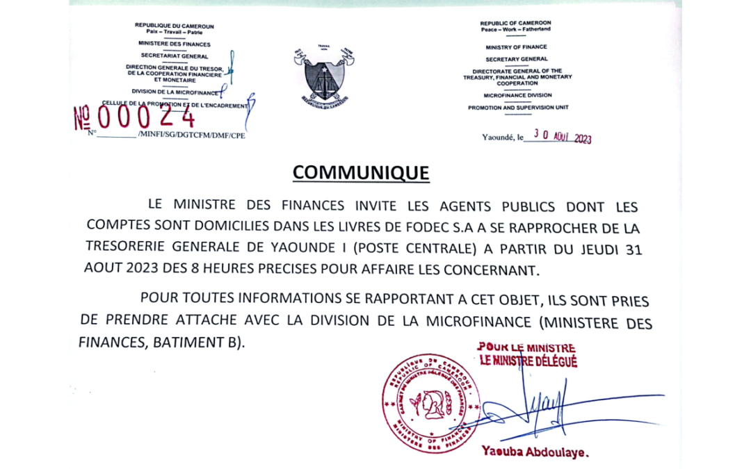 Communiqué à destination des agents publics dont les comptes sont domiciliés dans les livres de FODEC S.A