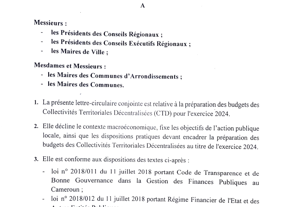 LETTRE CIRCULAIRE CONJOINTE N°0000025 DU 03 OCTOBRE 2023 RELATIVE A LA PREPARATION DU BUDGET DES CTD EXERCICE 2024