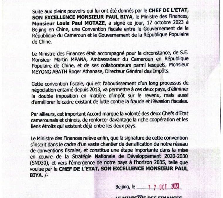 COMMUNIQUE RELATIF A LA CONVENTION FISCALE ENTRE LE CAMEROUN ET LA CHINE