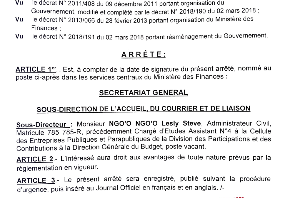 ARRETES DE NOMINATION DES RESPONSABLES AU MINISTERE DES FINANCES