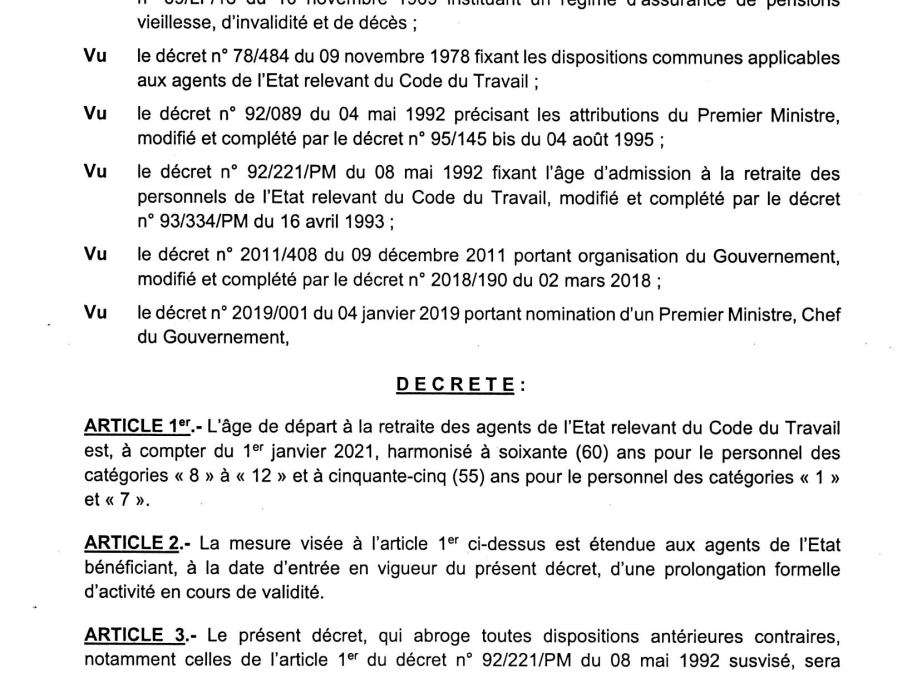 DECRET N°2020-7951 DU 30 DECEMBRE 2020 PORTANT HARMONISATION DE L’AGE DE DEPART A LA RETRAITE DES AGENTS DE L’ETAT