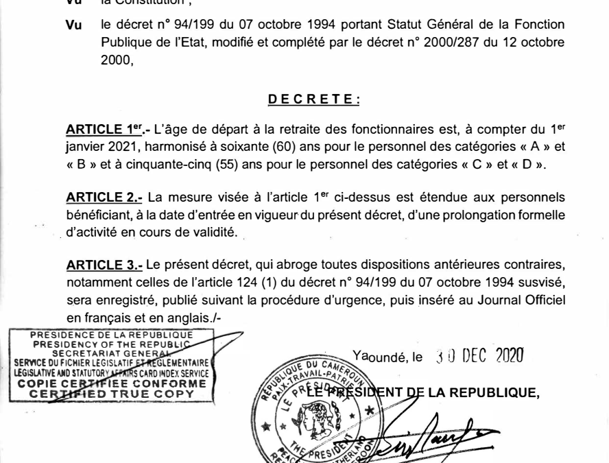 DECRET N°2020-802 DU 30 DECEMBRE 2020 PORTANT HARMONISATION DE L’AGE DE DEPART A LA RETRAITE DES FONCTIONNAIRES