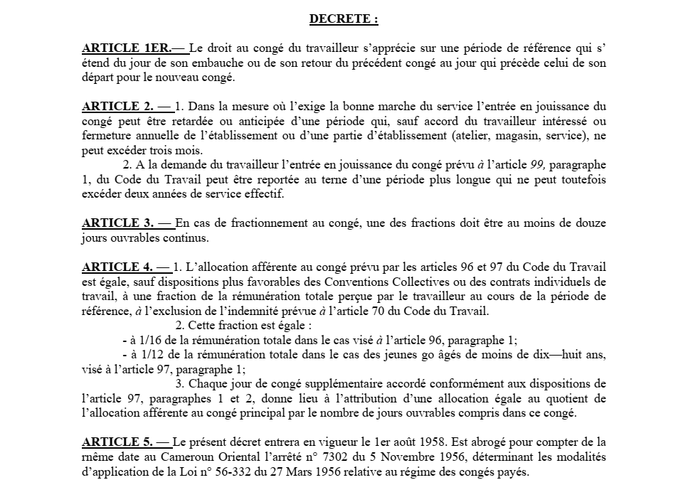 DECRET N°68-DF-254 PORTANT MODALITES APPLICATION DU REGIME DES CONGES PAYES