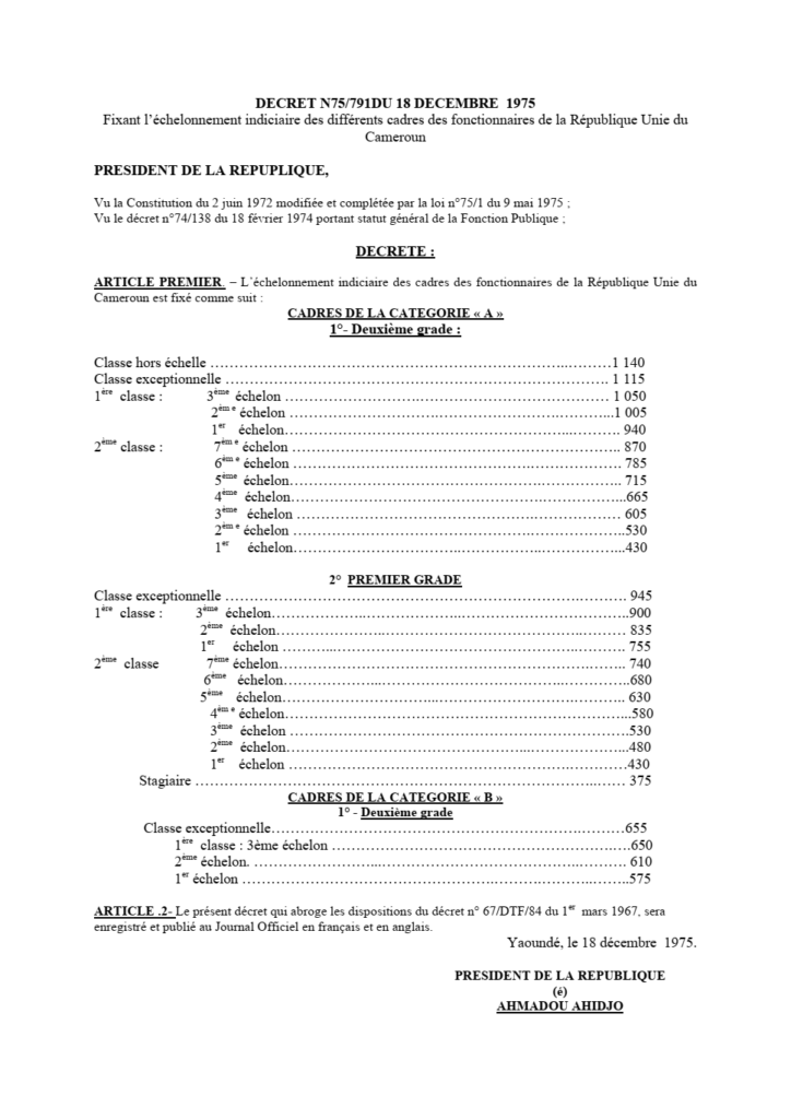 decret-n°75-791-du-18-decembre-1975-fixant-echelonnement-indiciaire-des-differents-cadres-des-fonctionnaires