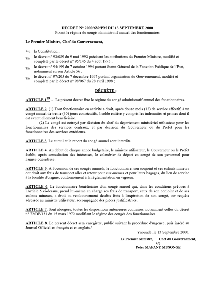 decret-n°-2000-689-pm-du-13-septembre-2000-fixant-le-regime-du-conge-administratif-annuel-des-fonctionnaires