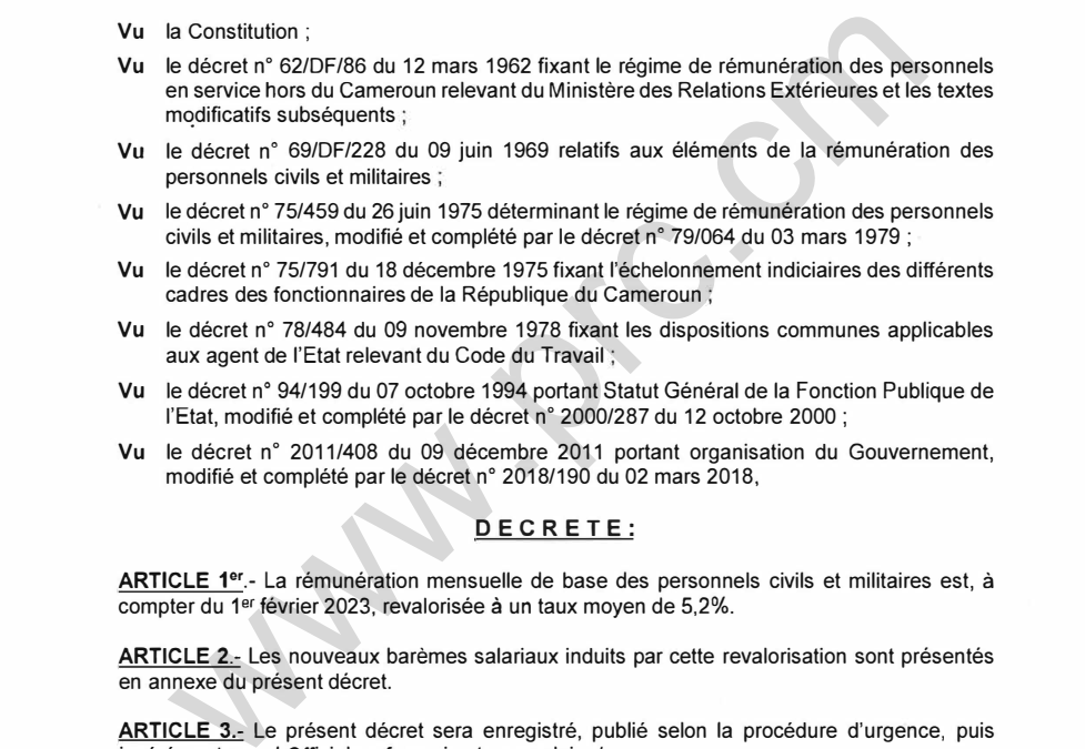 DECRET N°2023-158 DU 06 MARS 2023 PORTANT REVALORISATION DE LA REMUNERATION MENSUELLE DE BASE DES PERSONNELS CIVILS ET MILITAIRES A UN TAUX MOYEN DE 5,2%