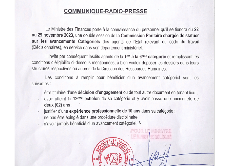 COMMUNIQUE DU 14 NOVEMBRE 2023 RELATIF AUX AGENTS DECISIONNAIRES