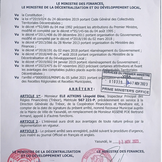 NOMINATION: ARRETE CONJOINT DU MINFI ET DU MINDEDDVEL