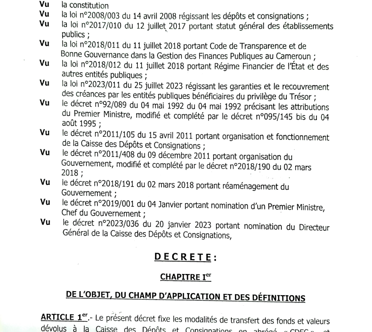 Décret sur le transfert des Fonds et Valeurs dévolus à la CDEC