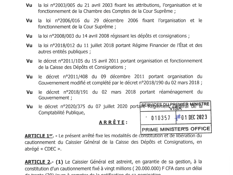 Arrêté fixant le montant du Cautionnement du Cassier Général