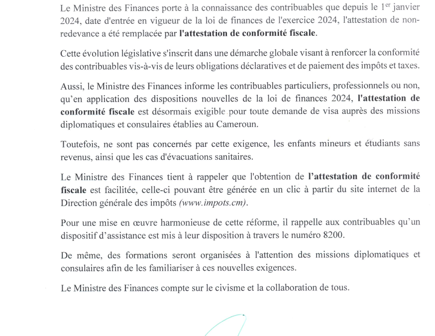 COMMUNIQUE DE PRESSE RELATIF A L’ATTESTATION DE CONFORMITE FISCALE